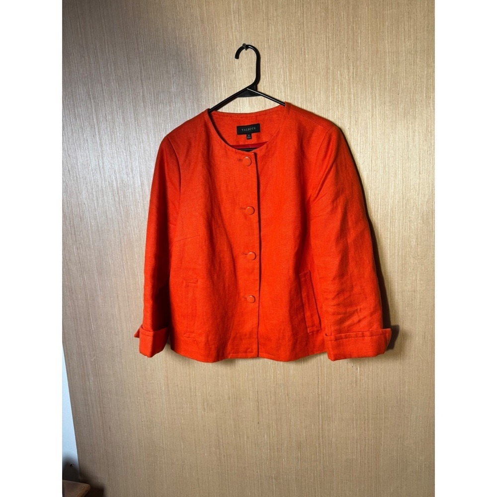 Talbots Women's Orange Linen Button Front Blazer Jacket Size 14